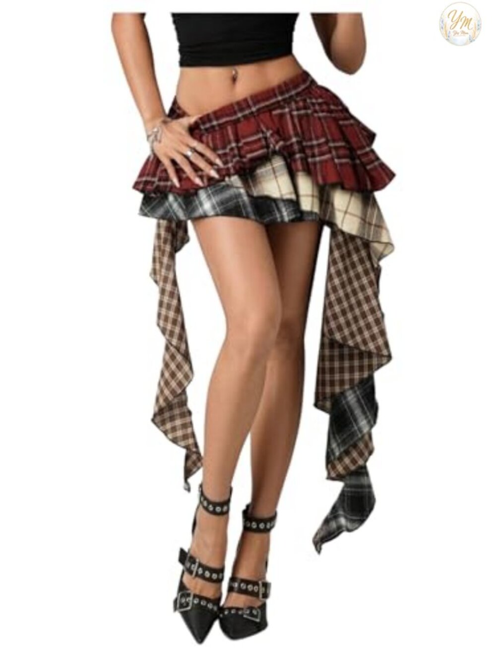 Plaid Ruffle Tiered Skort Skirt Y2k A-Line Asymmetrical Mini Built-in Shorts